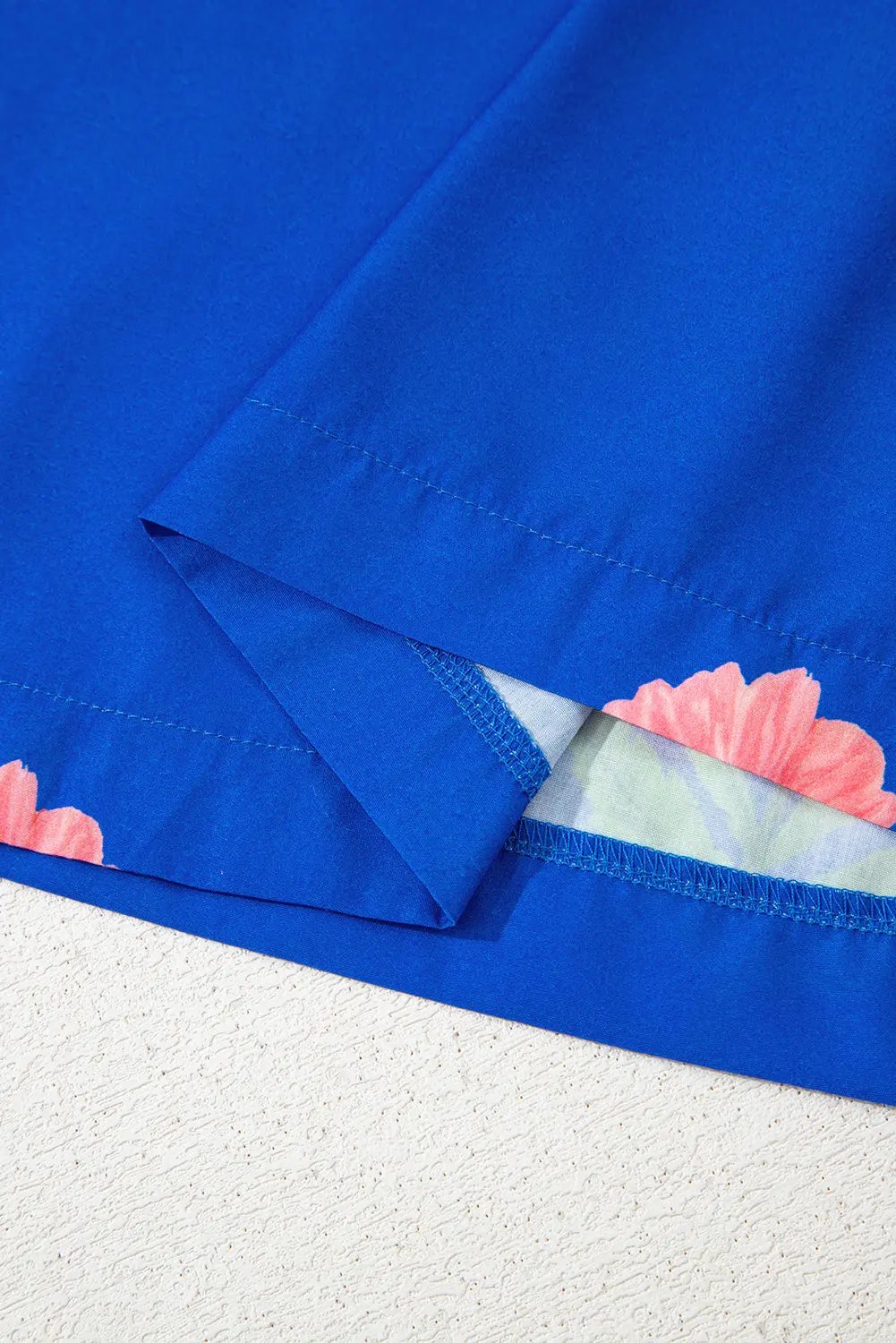 Blue Floral Short Sleeve Split Neck Loose Mini Dress - Love Salve